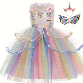 Resim 1 Adet Kız Çocukları için Unicorn Prenses Elbise - Çiçek Aplikeli ve Tül Etekli, Kolsuz Mesh Yazlık Parti Elbisesi, Doğum Günleri, Performanslar, Kutlamalar İçin Şık Fit Tasarım 