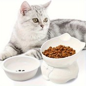 Resim Çıkarılabilir Su Kabı ve Yiyecek Kabı 2'li Set, Sevimli Yayılı Kulaklı Kolay Temizlenebilir Seramik Kedi Kapları, Evcil Hayvanınızın Omurgasını Koruyan ve Sakal Dostu, Taşma Yok 