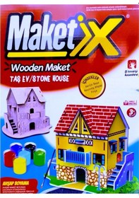 Resim Vıp Maket Boyanabilir Ahşap Taş Ev 6 Renk Akrilik Boya Ahşap Eğitici Oyuncak Ahşap Boyama Ahşap Ev 