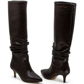 Resim Vegan 6.5 Cm Kısa Rahat Topuklu Sivri Burunlu Körüklü Uzun Kadın Çizme Koyu Kahve 