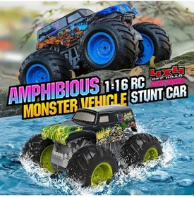 Resim Suda Karada Gidebilen Takla Atan Kumandalı Sarjlı Işıklı Monster Trucks 4x4 25 Cm 8 Km Hız Yeşil 