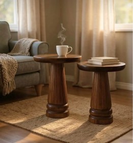 Resim AYLESA Doğal Ahşap 2’li Set Mantar Yan Sehpa Modern Fiskos Zigon Çiçeklik 