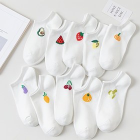 Resim 10'lu Paket Kadınlar İçin Saf Beyaz Meyve Desenli Kampüs Tarzı Tekne Çorapları Taze ve Çok Yönlü İnce Ayak Bileği Çorapları 