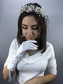 Resim Beyaz Uzun Püsküllü Saten Eldiven Ve İncili Taç Nikah Takımı 
