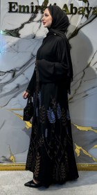 Resim Etekleri Çiçekli Taşlı Şifon Abaya - Lüks Zarif Model TM94 MGSSB - 3XL / Siyah 