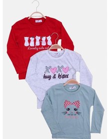 Resim 3'lü Cat Meow-hug And Kisses-cute Cat Baskılı Kız Çocuk Uzun Kol Mint Yeşil-gri-kırmızı Sweatshirt Çok Renkli 