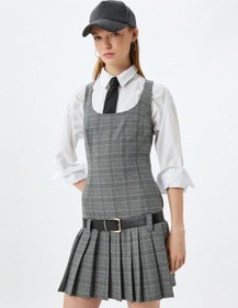 Resim Koton Mini Jile Elbise Pileli Kolsuz U Yaka Kemer Detaylı Slim Fit Gri Ekose 5wal80040ıw Gri Ekoseli Gri 