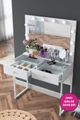 Resim Rani Mobilya Rani BJ146 Hollywood Işıklı Aynalı Kulis Makyaj Masası 2 Çekmeceli Takı Düzenleyici Beyaz 