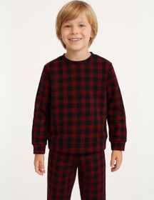 Resim Zekids Erkek Çocuk Kareli Yumuşak Dokulu Pijama Takımı-16049 Bordo 