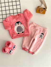 Resim DERİNBEBE Neşeli Bebekler Penguen Nakışlı Desen Panduflu Welsoft Kumaş Takım Pembe 