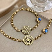 Resim Şık Altın Tonlu Paslanmaz Çelik Bilezik, Nazar Boncuğu & Hayat Çiçeği Tasarımı - Kadınlar için Su Geçirmez Moda Takı, Zincir Bileklik, Kış ve Yeni Yıl için Mükemmel 