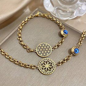 Resim Şık Altın Tonlu Paslanmaz Çelik Bilezik, Nazar Boncuğu & Hayat Çiçeği Tasarımı - Kadınlar için Su Geçirmez Moda Takı, Zincir Bileklik, Kış ve Yeni Yıl için Mükemmel 