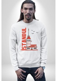 Resim İstanbul Kız Kulesi Türkiye Unisex Beyaz Sweatshirt Beyaz 