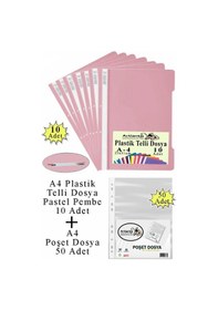 Resim Telli Dosya Plastik A4 10 Lu Ve Poşet Dosya 50 Li 1 Paket Ekonomik Kaliteli Şeffaf Kapak Telli Dosya Okul Büro Ofis Pembe - Kırmızı 