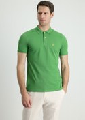 Resim Çimen Yeşili Polo Yaka Slim Fit Dar Kesim Baskılı Pamuk Tişört Kigili