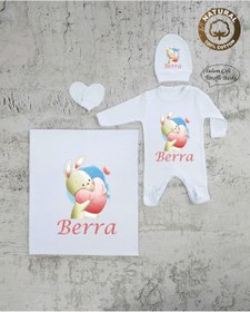 Resim yzc home size dair... K100 Bt Isme Özel Isimli Baskılı Bebek Battaniye Tulum Şapka Eldiven Set Hastane Çıkışı 