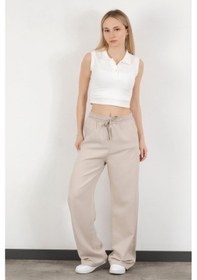 Resim Giysa Kadın Beli Lastikli Bağcıklı Bol Paça Pantolon Taş - 4707 Taş 