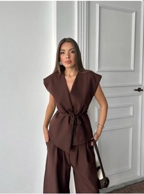 Resim Rawea Yelekli Pantolonlu Bağlamalı Takım - Viskon & Geniş Paça Kahverengi 