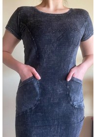 Resim Mia Butik Kadın Önü Yazılı Taşlarla Süslenmiş Siyah Elbise-670 Siyah 