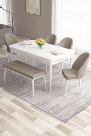 Resim Canisa Roz Serisi 80x132 Mdf Beyaz Masa Takımı 4 Cappucino Sandalye Ve 1 Bench 