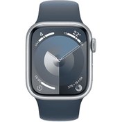 Resim Apple Watch Series 9 GPS + Cellular MRJ23TU/A 41 mm Gümüş Rengi Paslanmaz Çelik Kasa ve Fırtına Mavisi Sp 