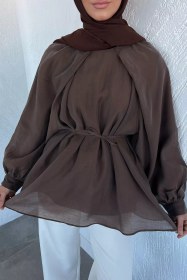 Resim İç Astarlı Salaş Tesettür Bluz Kahve TZL-P-00022190 