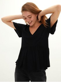 Resim LC Waikiki Lcw Casual V Yaka Düz Kısa Kollu Kadın Bluz 