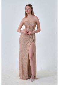 Resim Feminist Gold Taş Boncuk İşlemeli Yırtmaçlı Straplez Abiye 9705300.122 