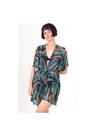 Resim Pareo Plaj Elbisesi Kimono Std Yazlık Oversize Tül Gömlek Kemerli Elbise Leaf Siyah 