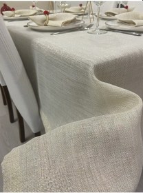 Resim Keten Görünümlü Simli Linen Masa Örtüsü Gold 