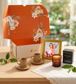 Resim 2 li Porselen Fincan & Selamlıque Türk Kahvesi & Rakle Mum & Gold Çerçeve Hediye Seti 