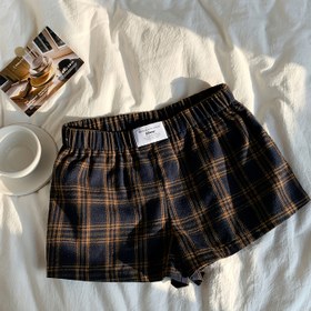 Resim Kadınlar İçin Şık Ekose Mini Şort - Lacivert ve Hardal Sarısı Kare Desen, Esnek Olmayan Yazlık, İlkbahar Yaz Sonbahar İçin Çok Yönlü Rahat Şortlar, Ev ve Günlük Kıyafetler İçin 