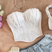 Resim Kadın Beyaz Ruched Korse Üstü Dantel Detaylı - Seksi Bandeau Stili, Çiçek Deseni, Kısa Uzunluk, Partiler ve Günlük Giyim için Mükemmel, Günlük Giyim Üstü|Ruched Dokulu Üst|Dantel Kenarlı Üst 