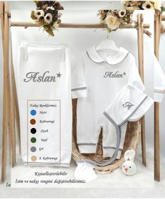 Resim Gros Shop Biyeli 4'lü %100 Pamuklu Hastane Çıkış Tulum Seti Ve Battaniyesi Gri 