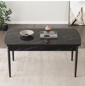 Resim Arel Siyah Mermer 80x132 Açılabilir Mdf Masa Yemek Odası Takımı, Mutfak Takımı 4 Sandalye, 1 Bench Siyah Mermer - 4+1 Krem - Siyah Ayak 