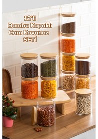Resim Porsima 1-4 Bambu Vakumlu Kapaklı Yuvarlak Cam 12li Kavanoz Seti Saklama Kabı 750ml 10x12cm 