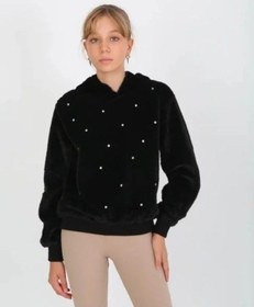 Resim Kız Çocuk Taşlı Peluş Kapüşonlu Sweatshirt-14827 Siyah 