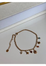 Resim Renkli Taşlı Çiçek Kalp Figürlü Altın Renk Charm Kadın Halhal Altın 