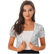 Resim Sıcak Pembe Bayan Sparkly Payet Önü Açık Blazer Ceket Kısa Kollu Crop Ceket Sıcak Pembe Fuşya 