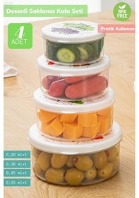 Resim 4 Lü Desenli Saklabı Kabı Seti Erzak Kabı Buzdolabı Kabı Yuvarlak Bpa Free Şeffaf 