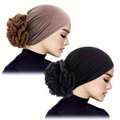 Resim 2 Adet Şık Kadın Çiçekli Türban Şapkaları - Nefes Alabilen Polyester, Bej & Siyah Renklerde Elastik Baş Sarma Kapakları - Günlük Kullanım İçin Şık Önceden Bağlanmış Başörtüleri, Başörtüsü 