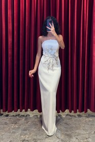 Resim Straplez Kristal Taş Ve Çiçek İşlemeli Pelerinli Bolero Detaylı Abiye Kemik - Kemik / 46 