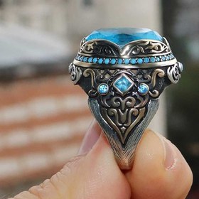 Resim Natural Aquamarine Gemstone 925 Sterling Silver Best Mens Ring - US: 6.5 / 54 mm / Turk: 14 
