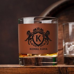 Resim Aslan Tasarımlı İsimli Taba Deri Kaplı Viski Bardağı 