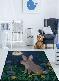 Resim Pelangi Ormandaki Tavşan ve Ay Işığı İskandinav Yıkanabilir Kaymaz Taban Leke Tutmaz Çocuk Odası Halısı, Lacivert-Gri-Yeşil 100 x 300, 764209210030005 