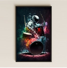 Resim Dumanlı Sahnede Davul Çalan Astronot Pleksi Tablo - Müzikal Uzay Temalı Dekor 