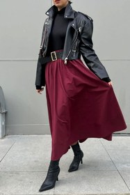 Resim Bordo Poplin Beli Lastikli Uzun Etek - Bordo / M 