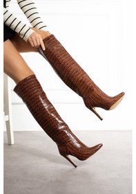 Resim Shoetek Sara Kadın Çizme İnce Topuklu Kroko Desenli Taba Deri TABA KROKO 
