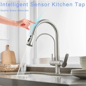 Resim Mutfak Evye Bataryası Smart Dual Flow Su Arıtma Çıkışlı Mat Nikel Dokunmatik Spiralli Evye 