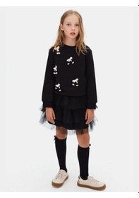 Resim Kız Çocuk Fiyonk İşlemeli Sweatshirt-16134 Siyah 